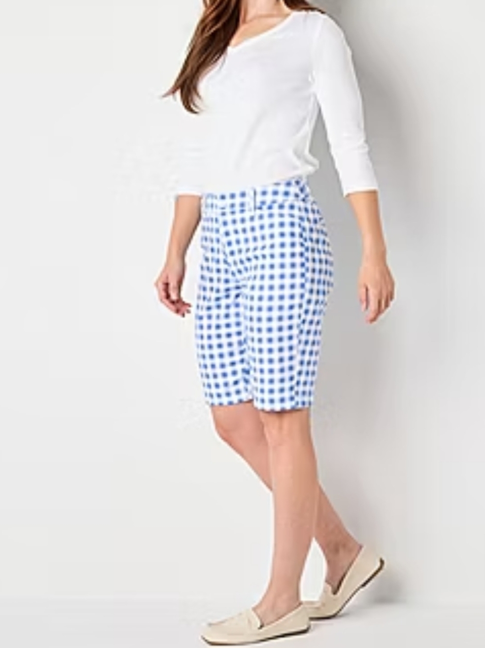 St. John's Bay Women"s Mid Rise Bermuda Summer Short Blue Gingham Size 12
